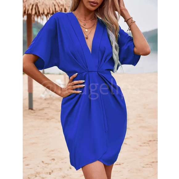 Royal Blue Mini Dress Ruched, Batwing Sleeve Faux Wrap Pleated - Picture 2 of 8